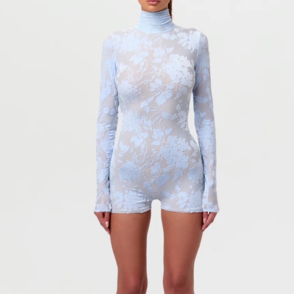 naked wardrobe Light Blue Floral Lace Long-Sleeve Romper